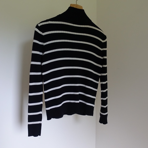 Ralph Lauren Black and White Striped Turtleneck w Button Collar Medium - Picture 3 of 4